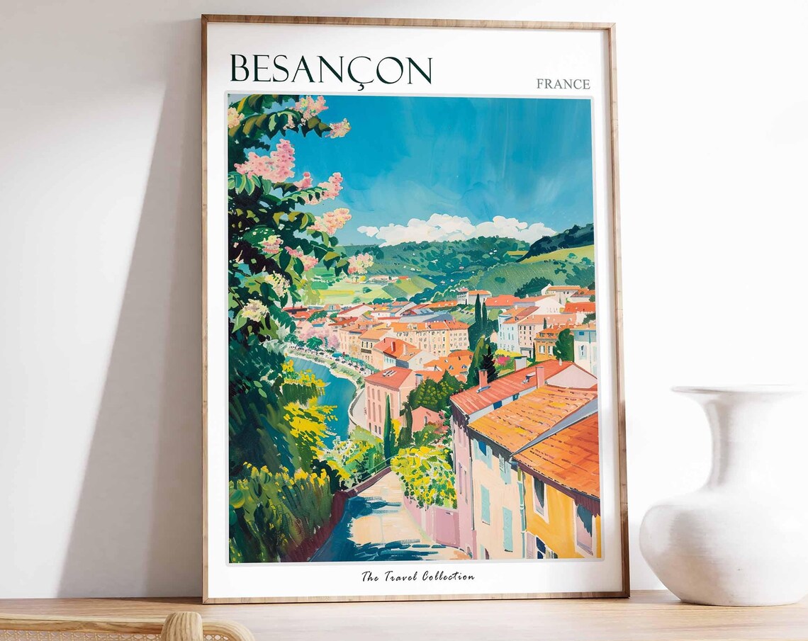 Besancon France Hillside Overlook Town Blossom Trees Travel Poster