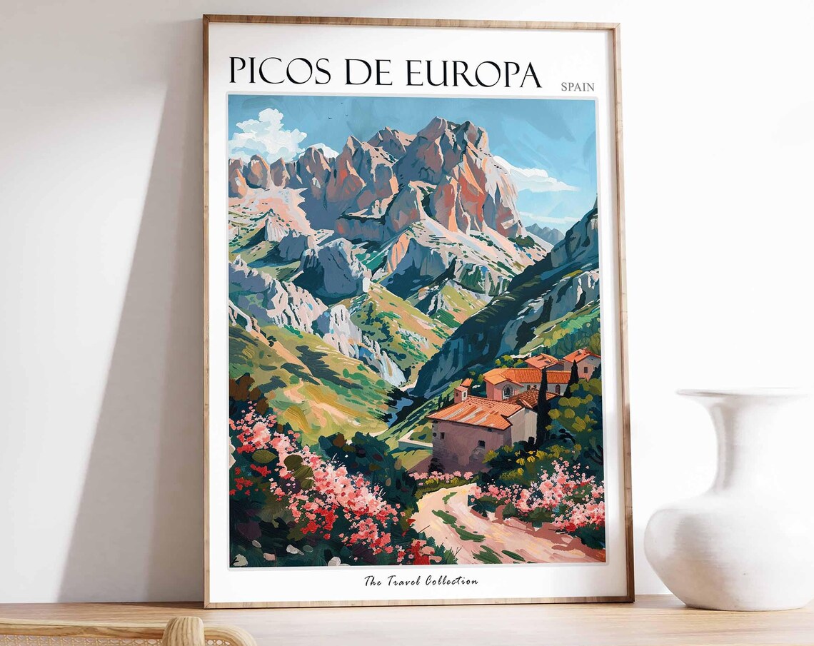 Picos De Europa Spain Rocky Peak Farmhouse Blossom Travel Poster