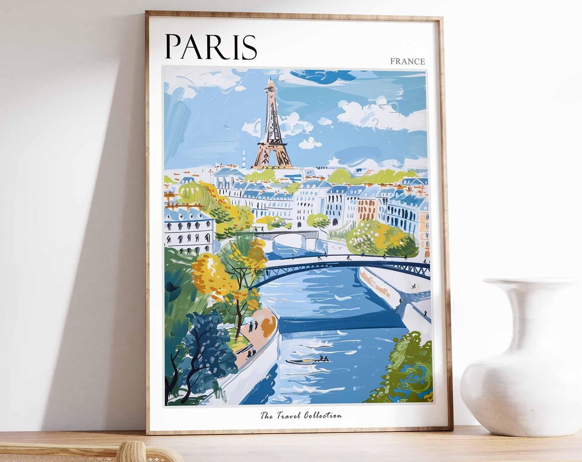 Paris France Eiffel Tower Over Seine River Bridge View Poster