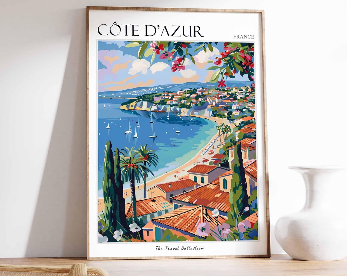 Cote dAzur France Riviera Bay Sailboats Beach Palms Scene Poster