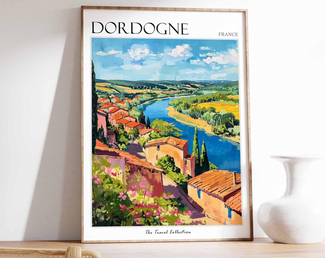 Dordogne France Hilltop Village Over River Panoramic Travel Poster