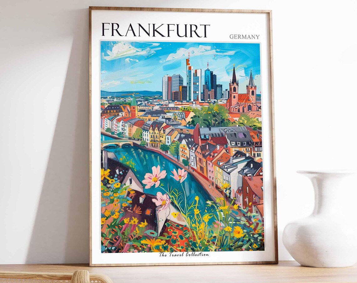 Frankfurt Germany Colorful Skyline Church and River Art Travel Poster