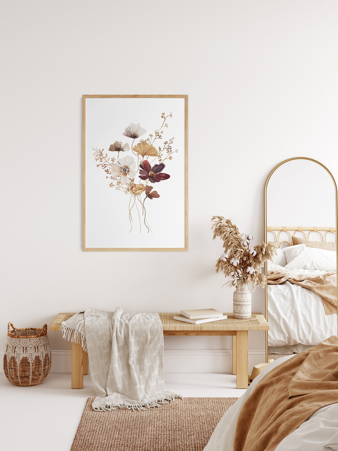 Neutral Wildflowers Bouquet Watercolor Burgundy Fall Farmhouse Poster - Image 2