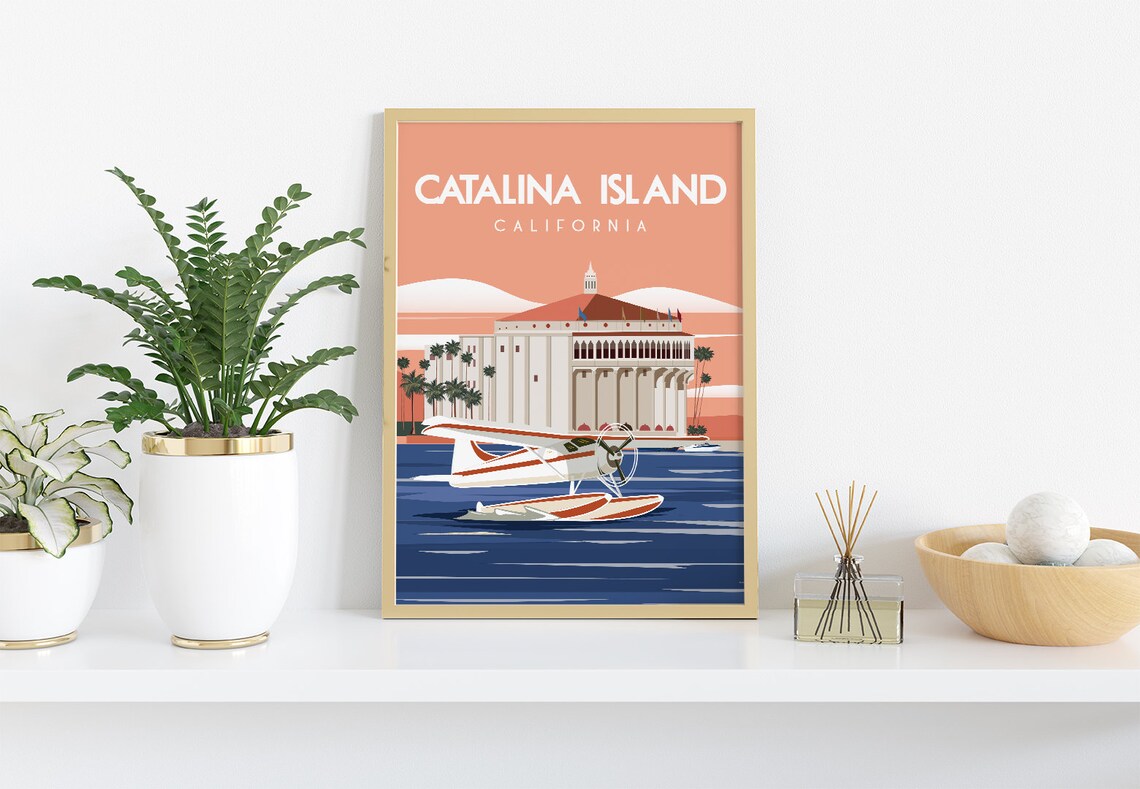 Catalina Island California Travel Poster Casino Seaplane Scene - Image 2