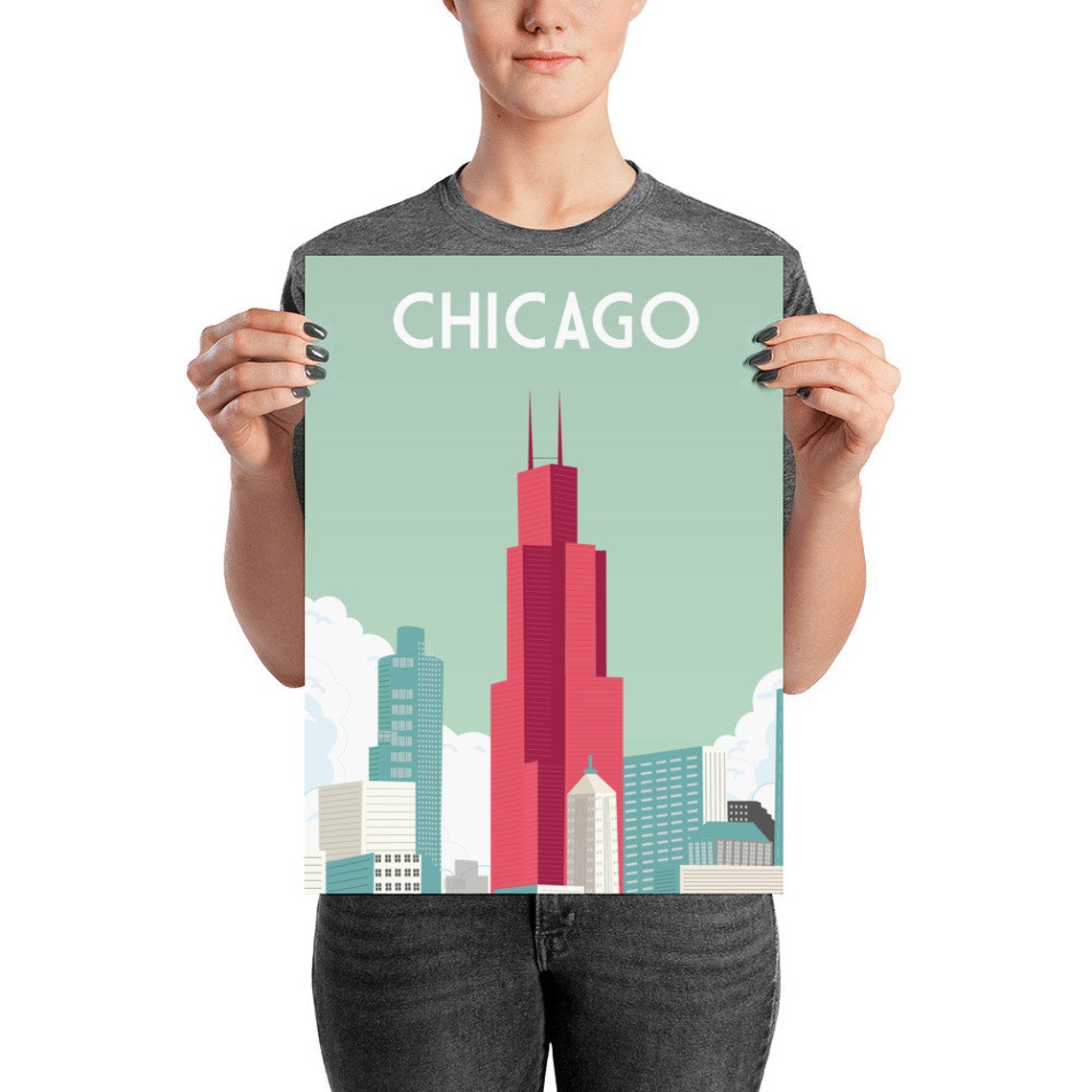 Chicago Skyline Willis Tower Retro Vintage City Travel Poster - Image 2