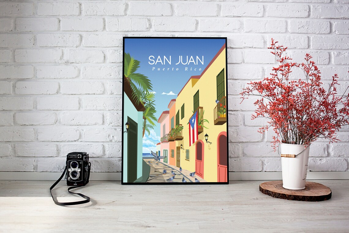 San Juan Puerto Rico Travel Poster Old Town Cobblestone Street - Image 3