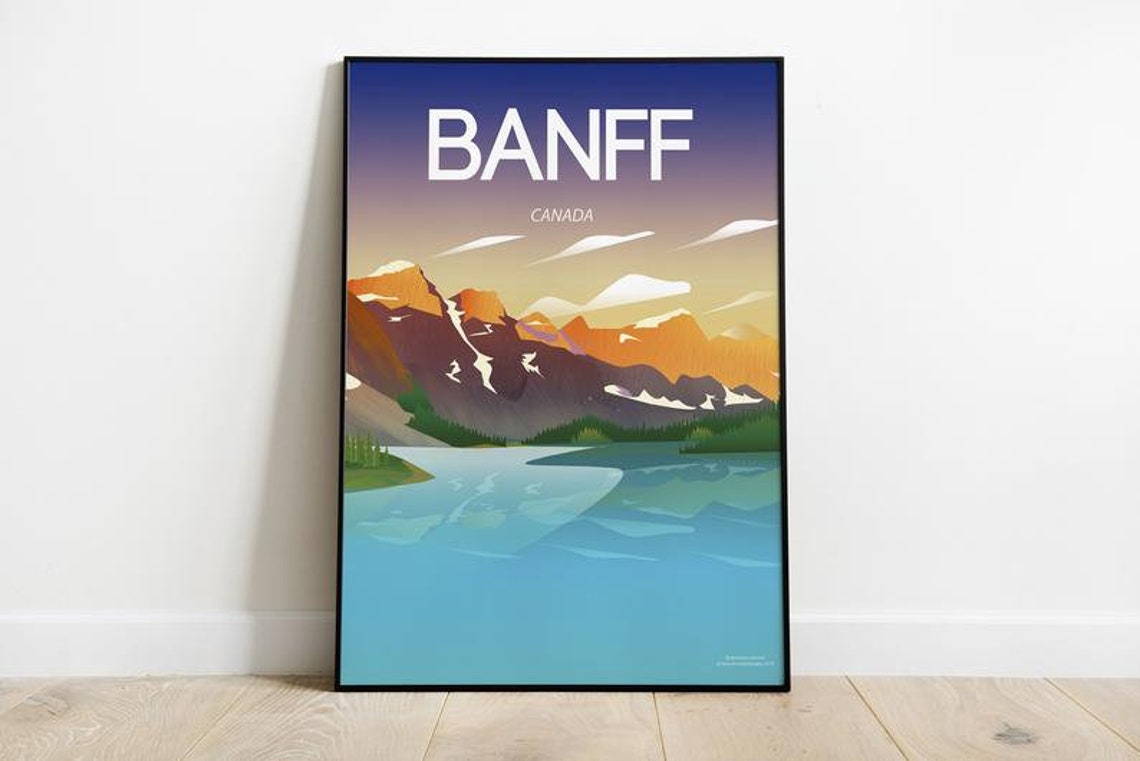 Banff Canada Alberta Mountain Lake Snowy Peaks Travel Poster