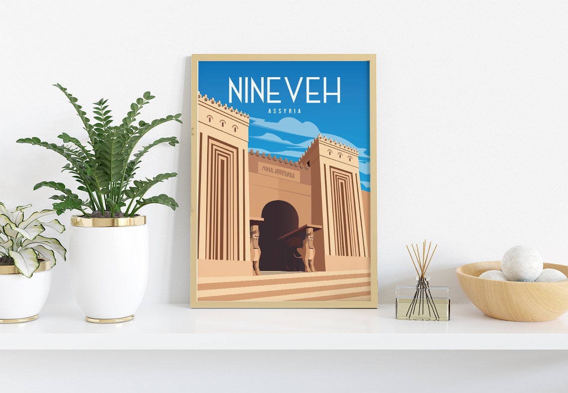 Nineveh Assyria Travel Poster Ancient Stone Gate Guardian Statue Scene