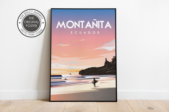 Montanita Ecuador Travel Poster Surf Beach Sunset Silhouette Art