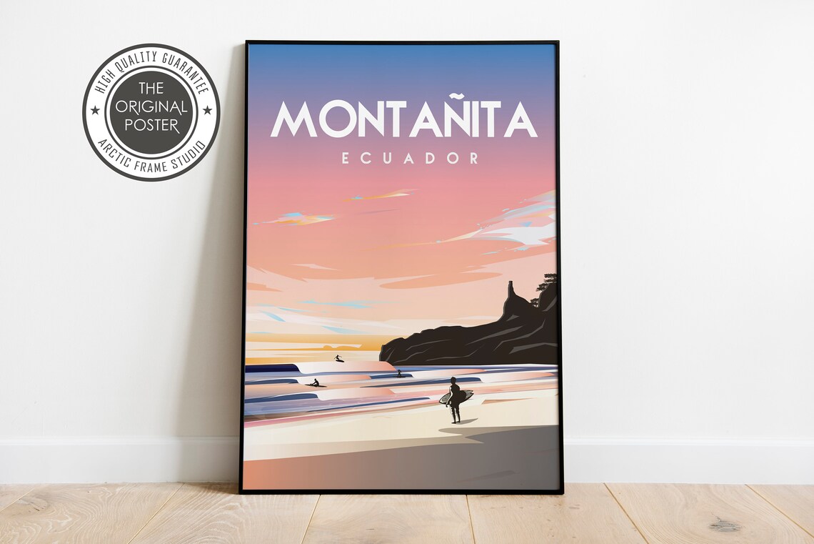 Montanita Ecuador Travel Poster Surf Beach Sunset Silhouette Art