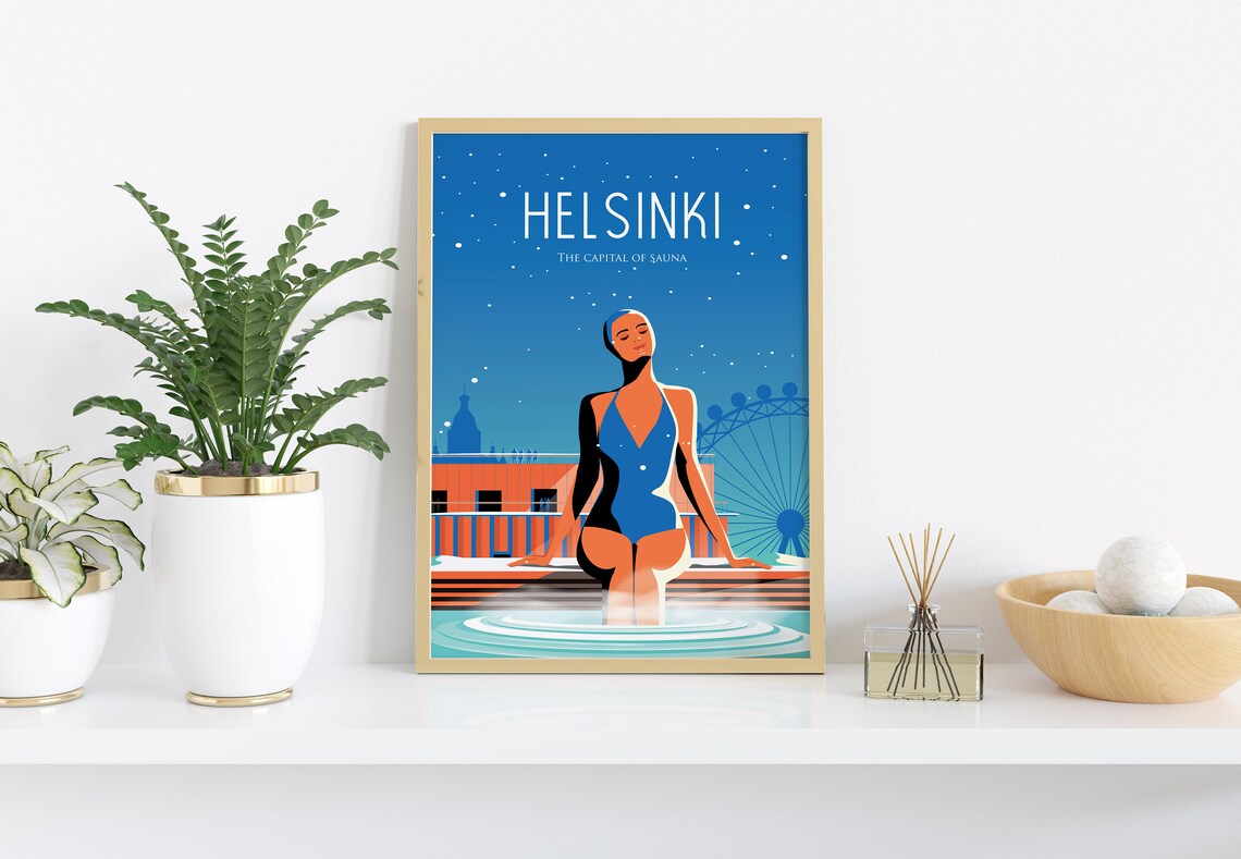 Helsinki Finland Sauna Night Winter Swim Retro Travel Poster - Image 2