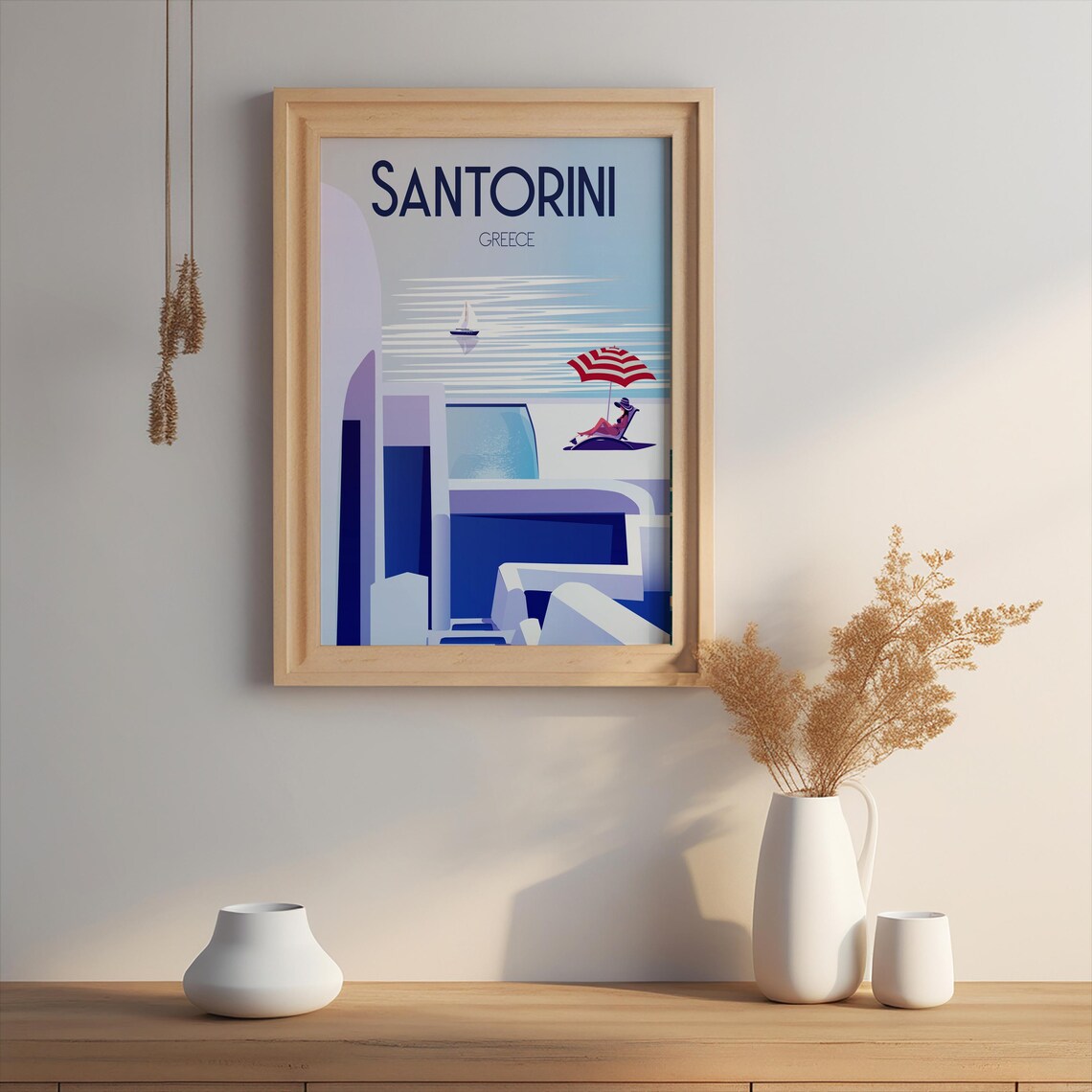Santorini Greece Aegean Terrace Sunbather Sailboat Retro Poster - Image 2