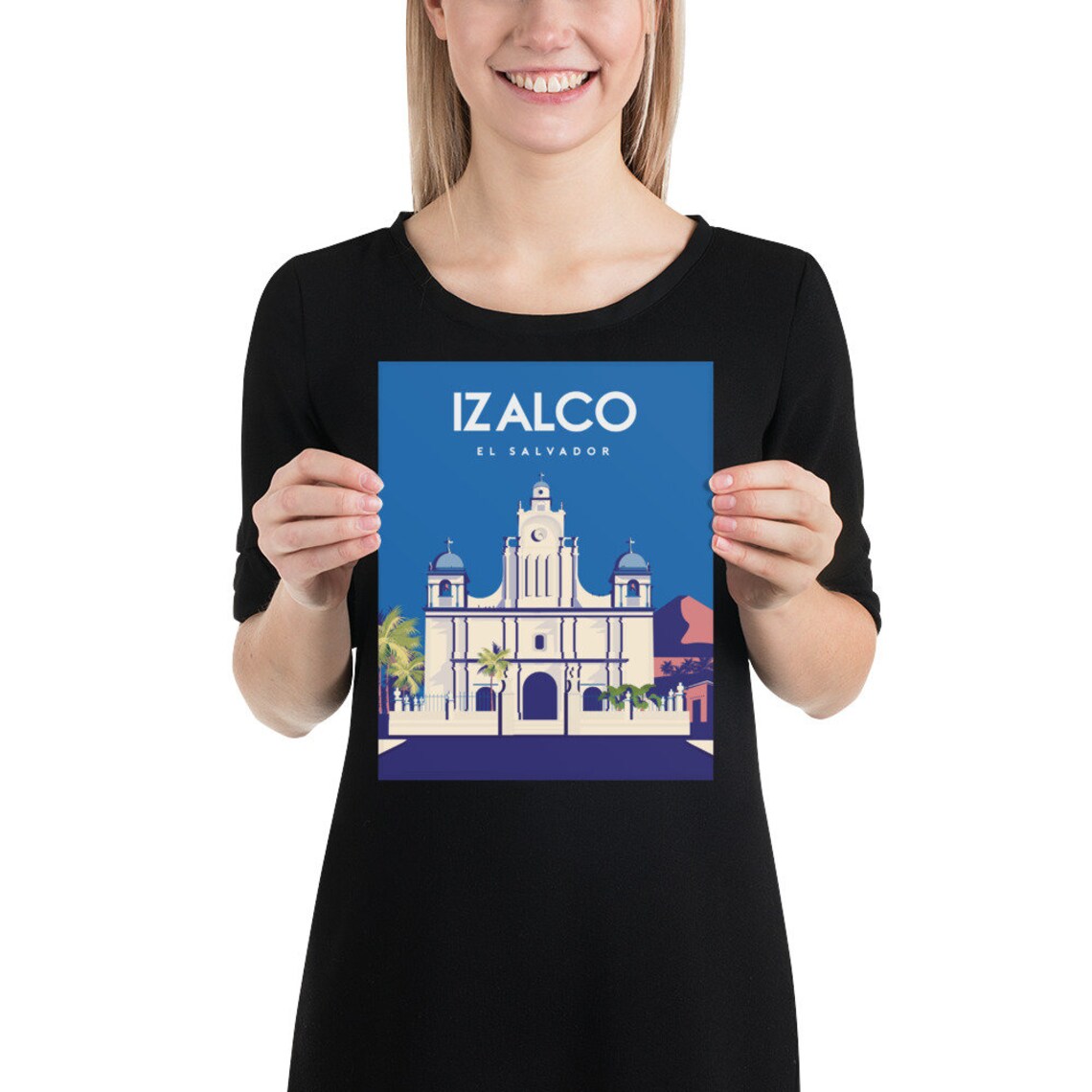 Izalco El Salvador Colonial Church Volcano Sky Travel Poster - Image 2