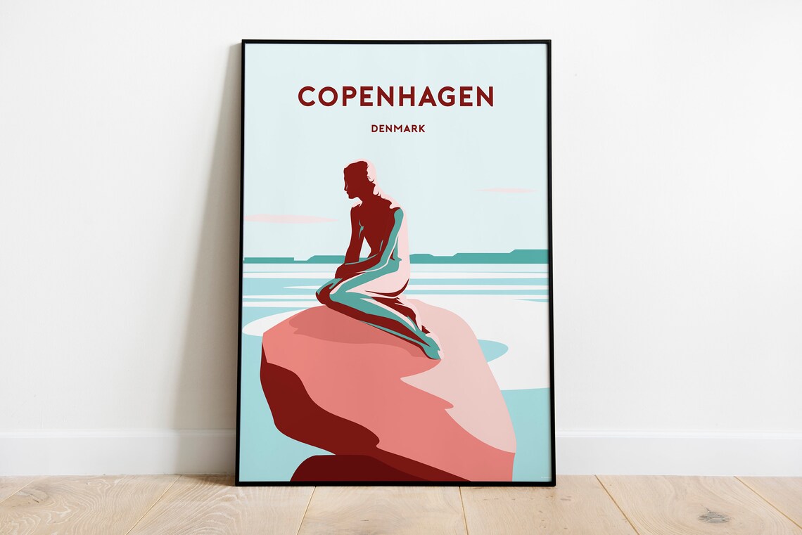 Copenhagen Denmark Little Mermaid Travel Poster Harbor Statue