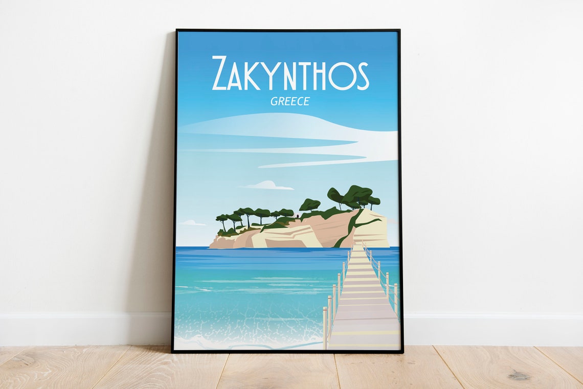 Zakynthos Greece Turquoise Sea Wooden Pier Cliffs Travel Poster