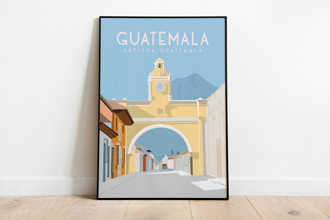 Antigua Guatemala Santa Catalina Arch Volcano Vintage Travel Poster