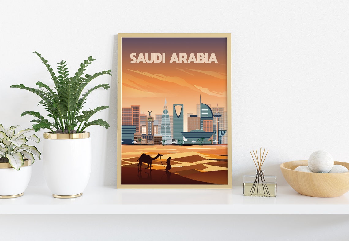 Saudi Arabia Travel Poster Riyadh Skyline Camel Desert Sunset Scene - Image 2