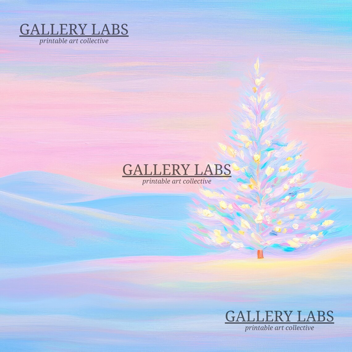 Glowing Pink Christmas Tree Snowy Pastel Valley Holiday Art Poster - Image 4