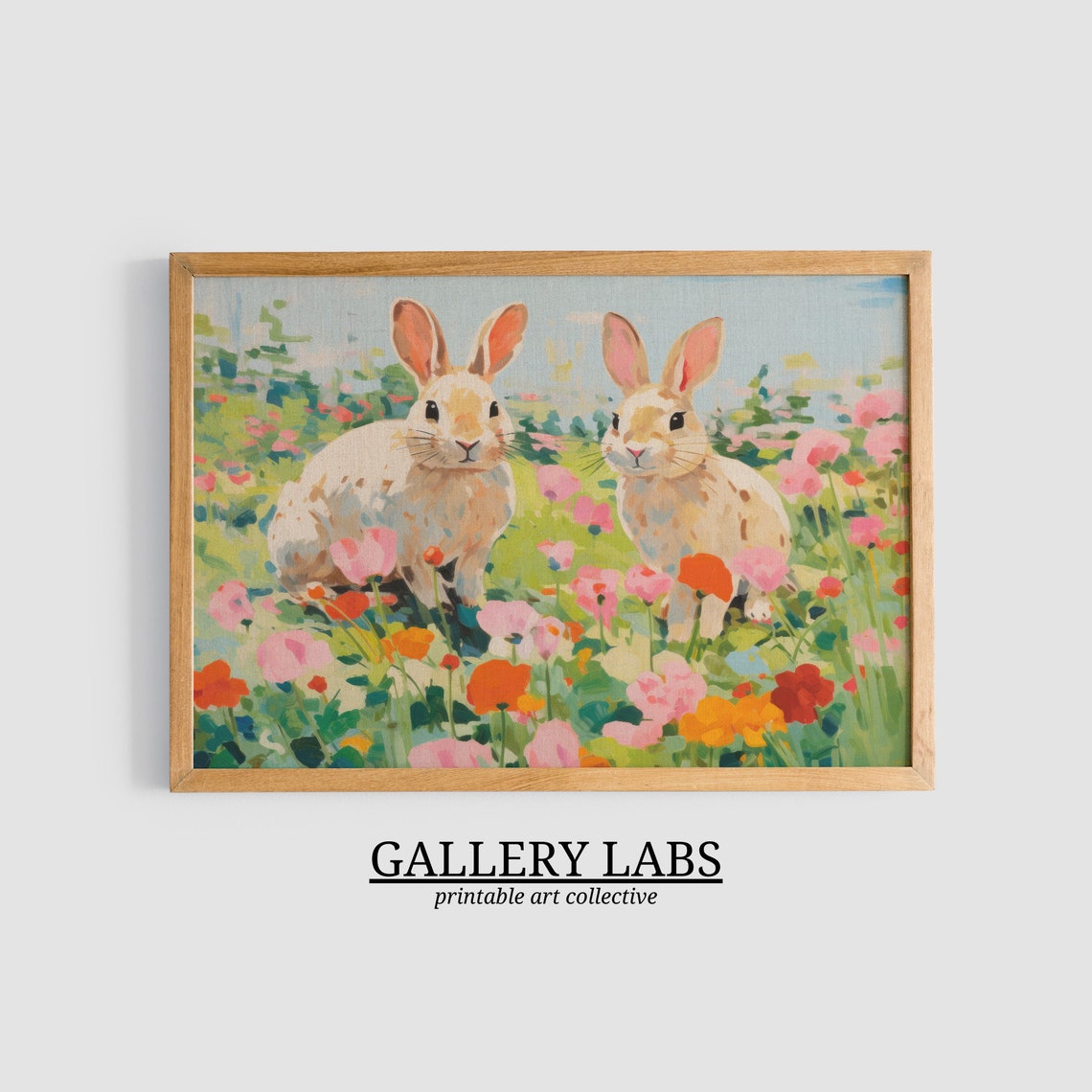 Two White Rabbits in Flower Garden Whimsical Bunny Meadow Art Print - Image 3