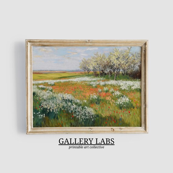 Red Poppy Meadow with Flowering Trees Spring Field Art Print