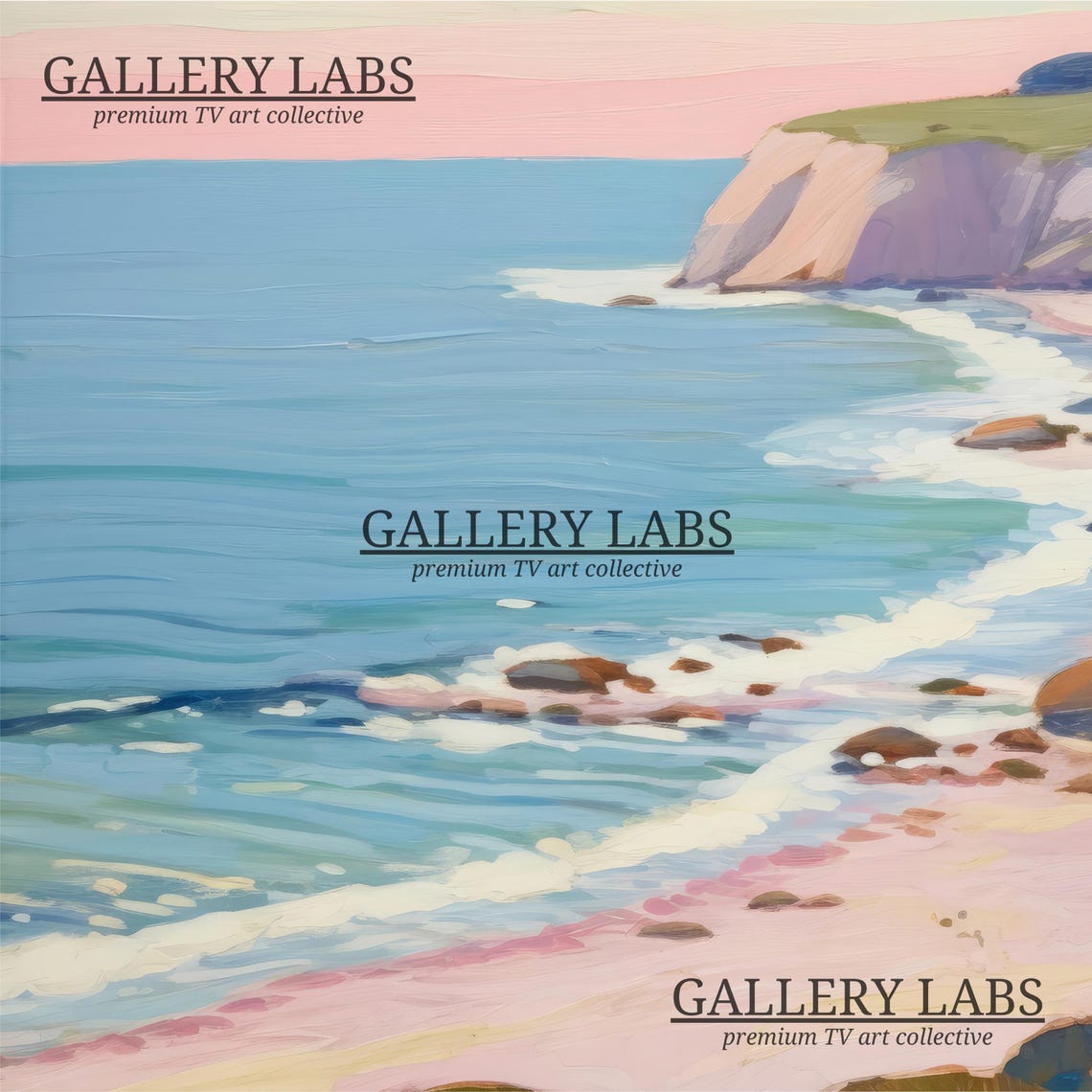 Coastal Cliffs Sunset Pink Sand Beach Turquoise Water Painting Poster - Image 4
