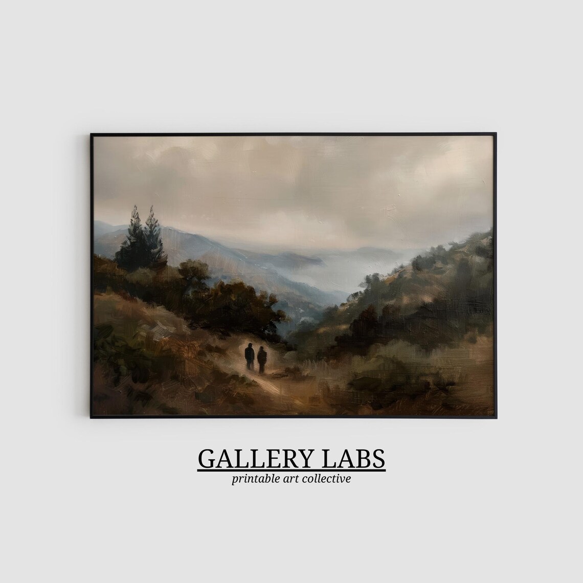 Misty Mountain Valley Trail With Walkers Moody Autumn Landscape Oil Painting Print - Image 2
