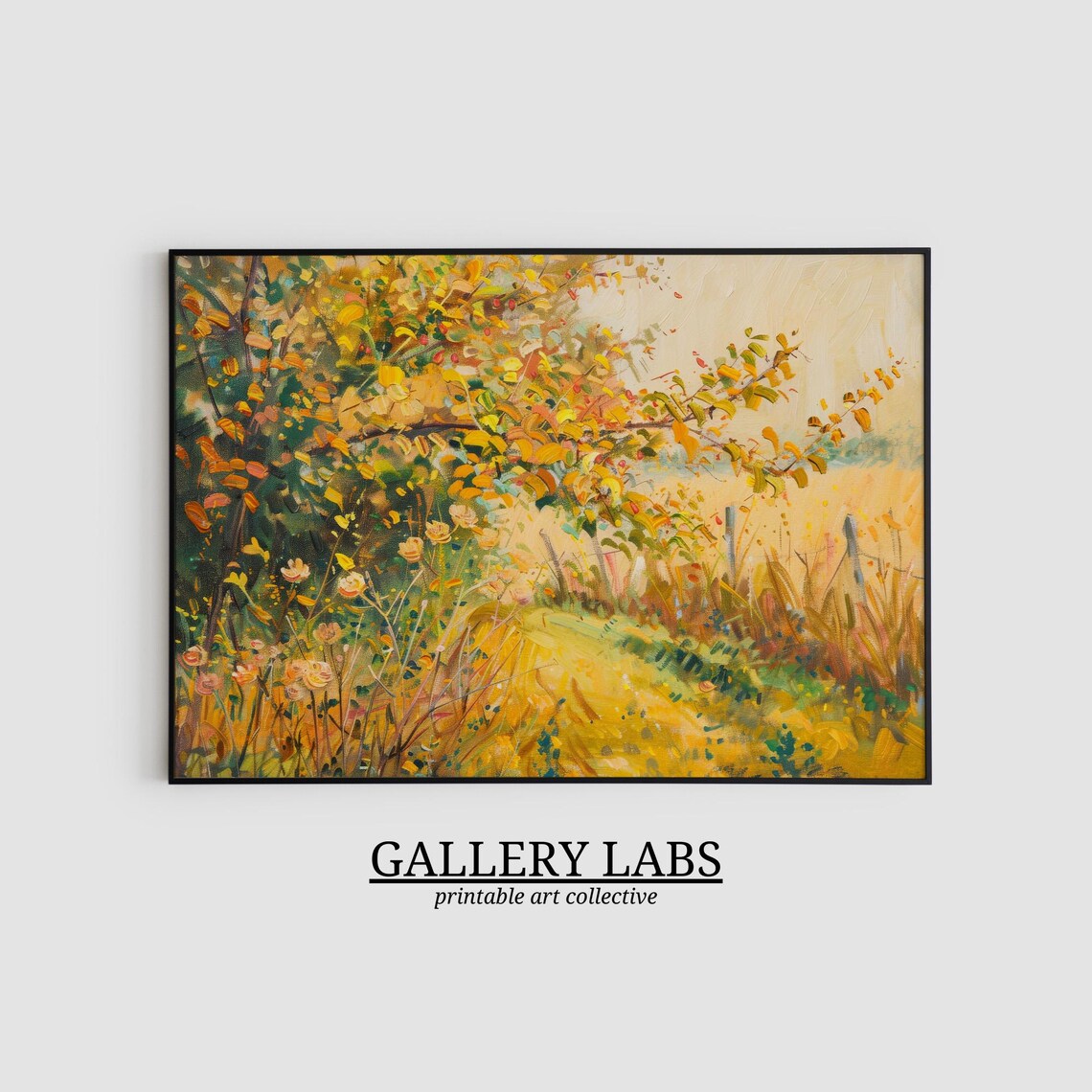 Autumn Wildflowers Golden Tree Warm Orange Rustic Fence Fall Art Print - Image 2
