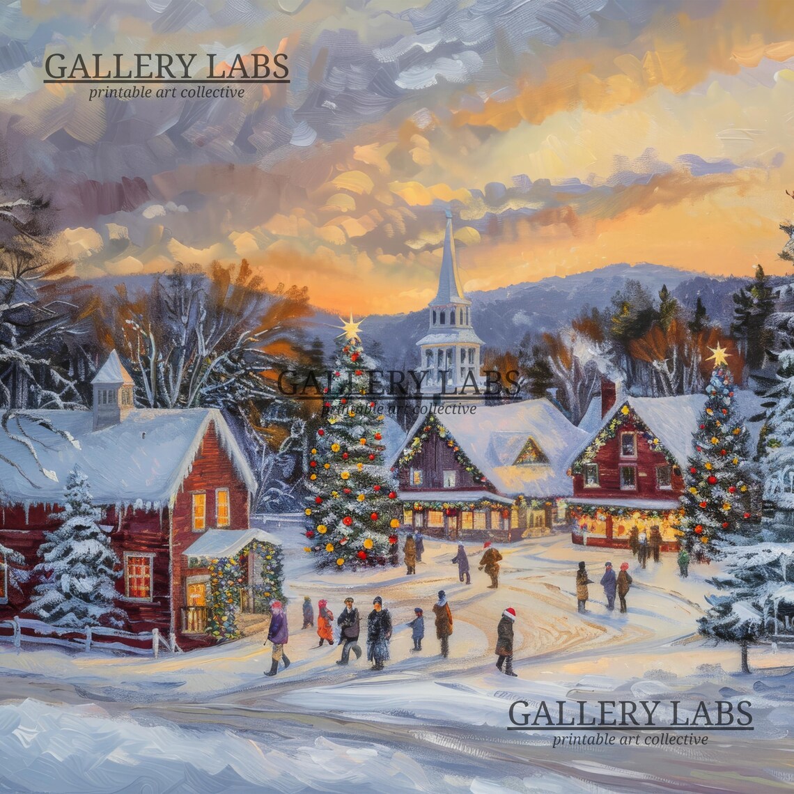 Snowy Christmas Village Church Steeple Lit Tree Sunset Painting Poster - Image 4