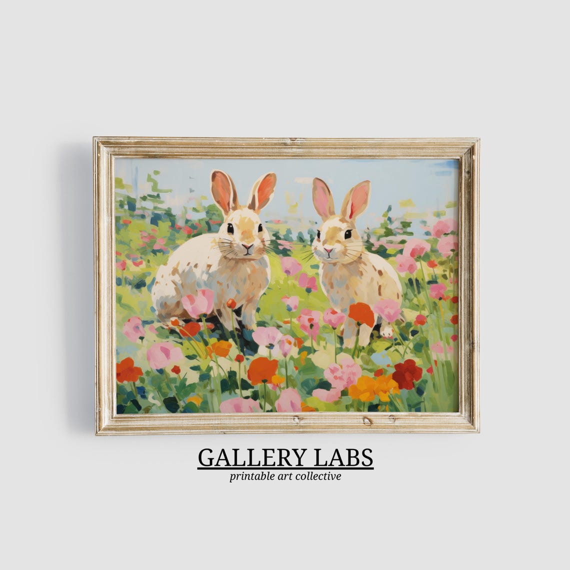 Two White Rabbits in Flower Garden Whimsical Bunny Meadow Art Print
