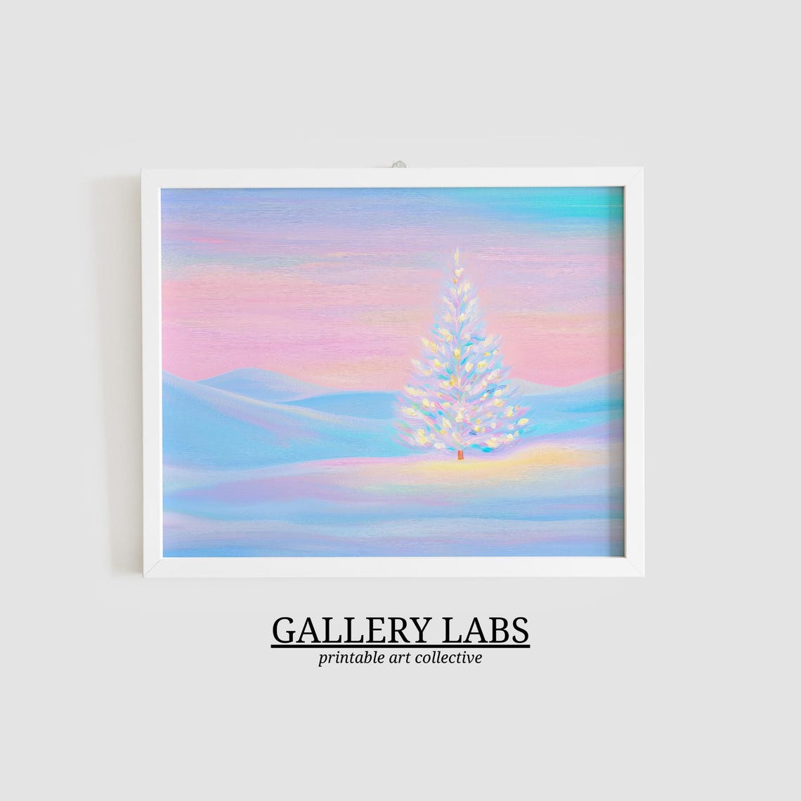 Glowing Pink Christmas Tree Snowy Pastel Valley Holiday Art Poster - Image 2
