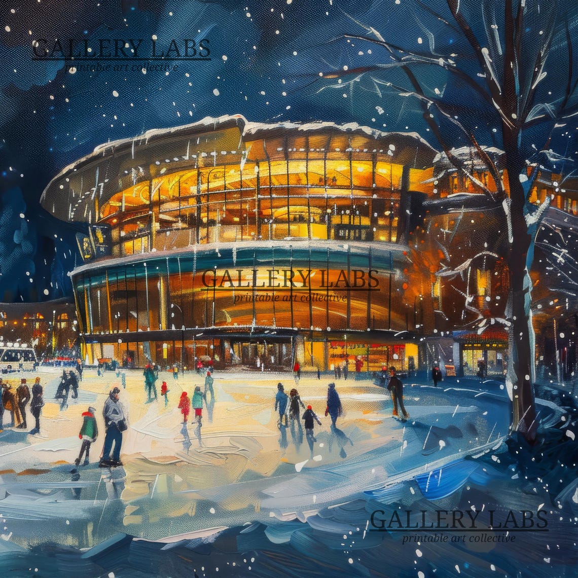 Night Ice Skating Rink Glowing City Lights Snowy Winter Scene Poster - Image 4
