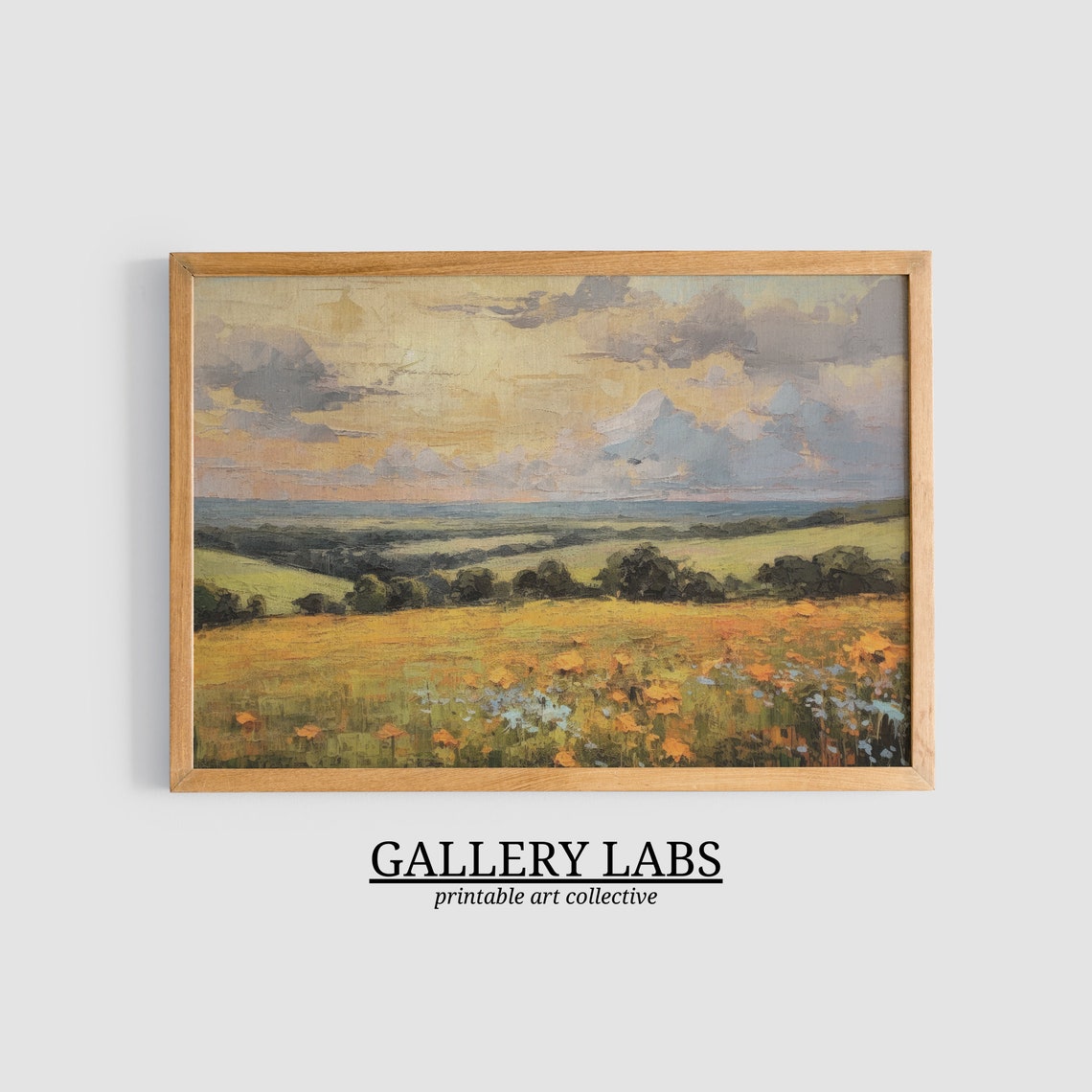 Golden Sunset Meadow Orange Wildflowers Dramatic Sky Art Print - Image 3