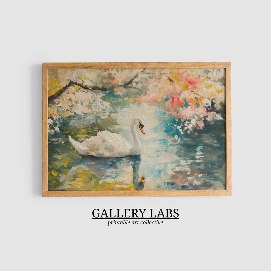 White Swan on Blossom Pond Painting Floral Lake Water Art Print - Image 3