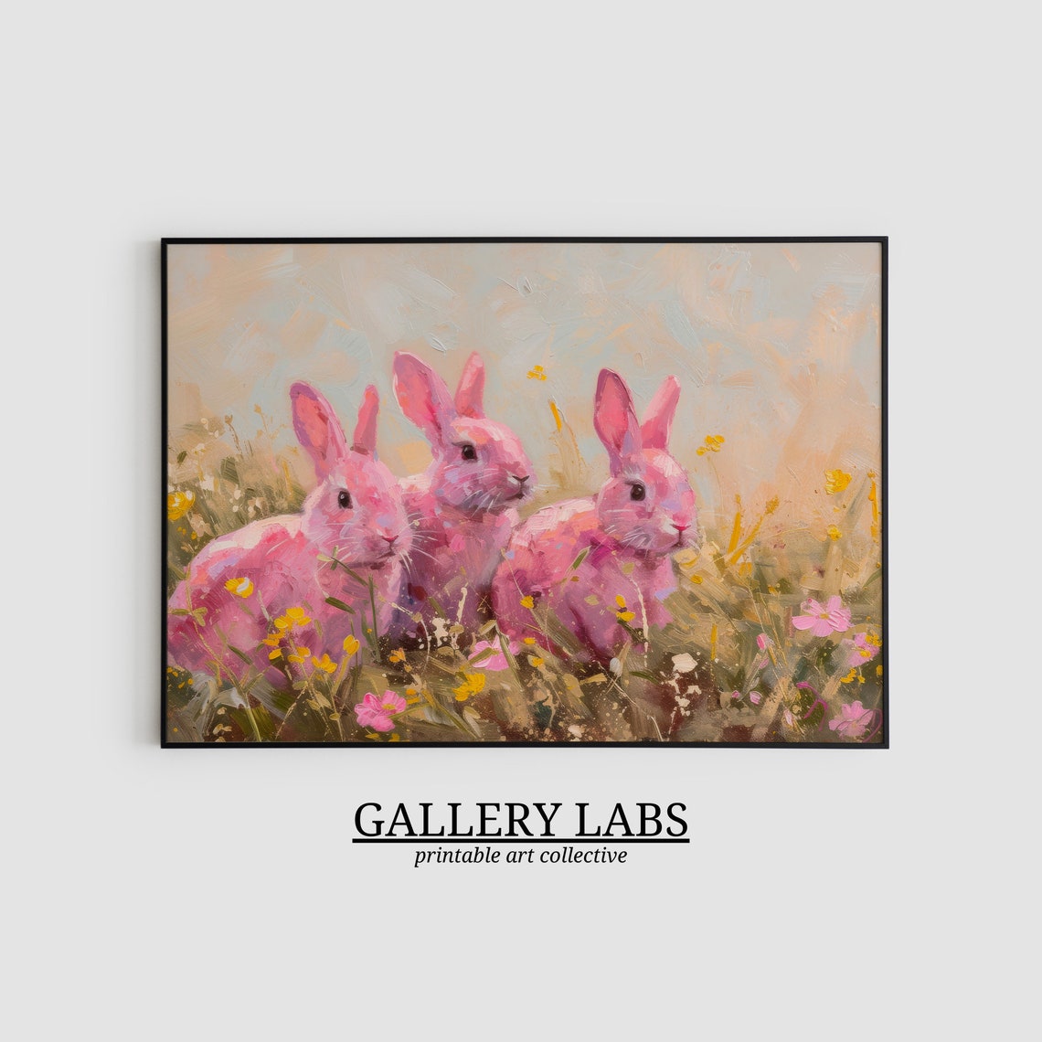 Three Pink Rabbits in Wildflower Field Whimsical Bunny Art Print - Image 2