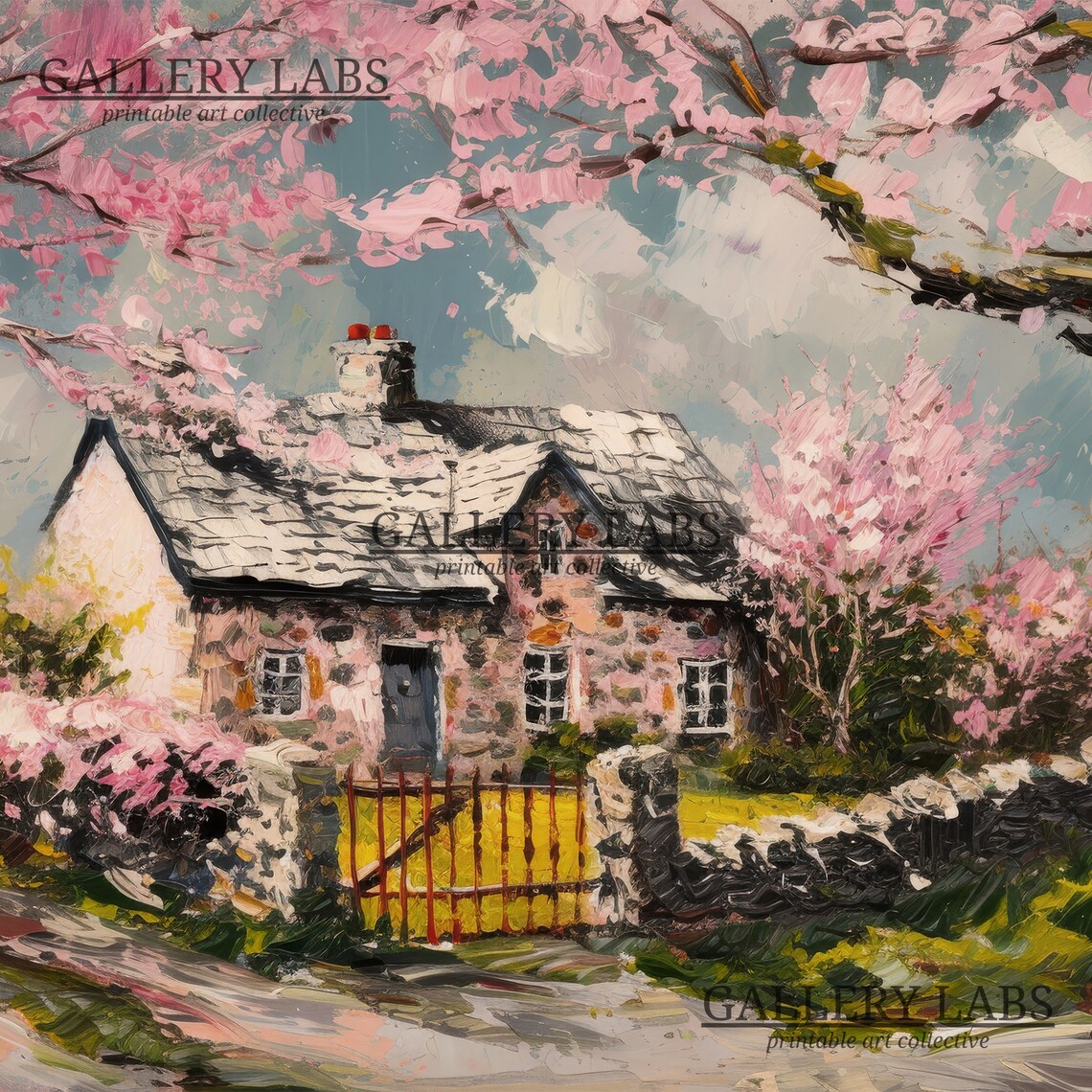 Pink Blossom Cottage Painting Stone House Spring Garden Art Print - Image 4