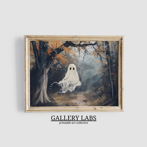 Cute Ghost on Swing in Autumn Forest Misty Halloween Wall Art Print