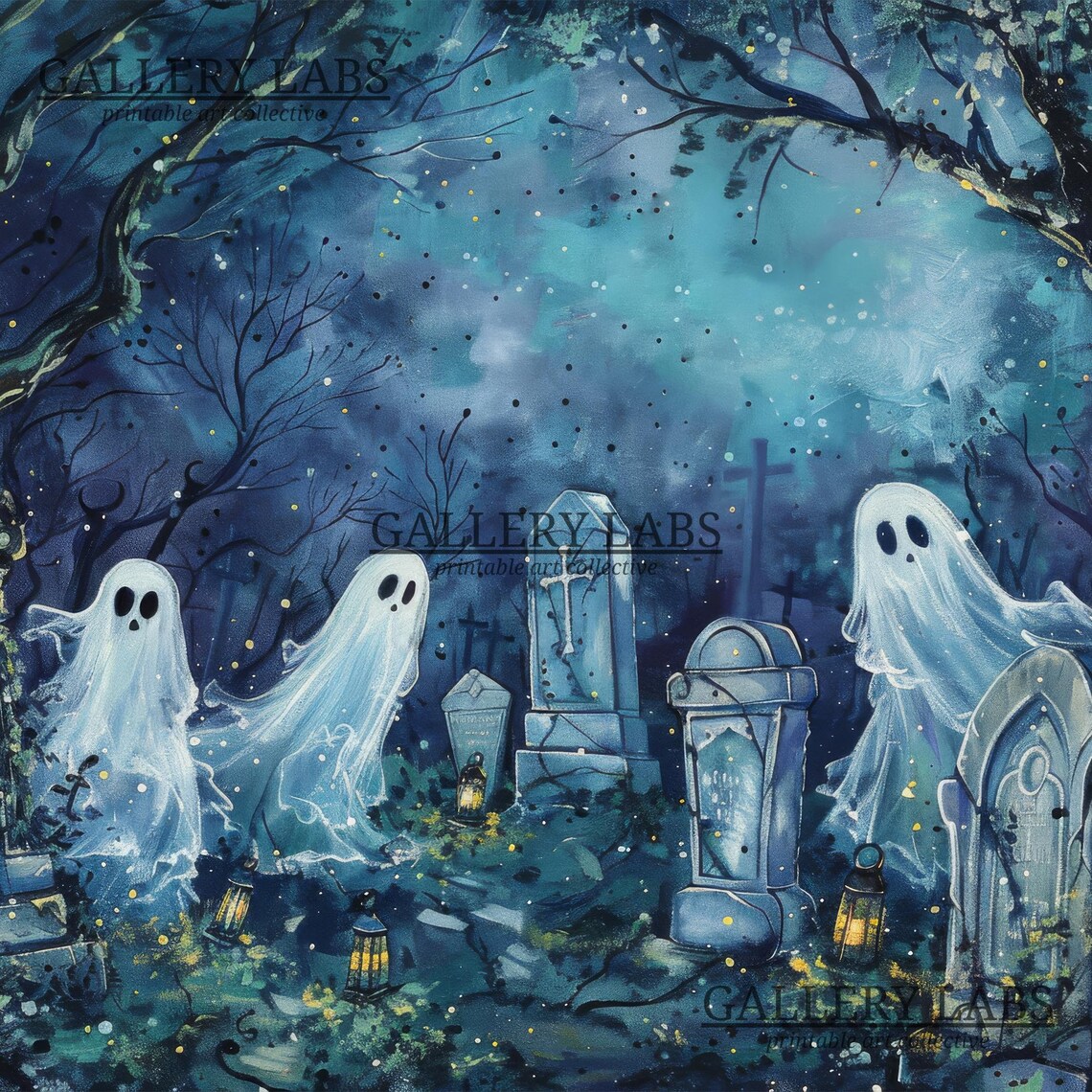 Spooky Ghosts in Haunted Graveyard Night Dark Forest Halloween Wall Art Print - Image 4