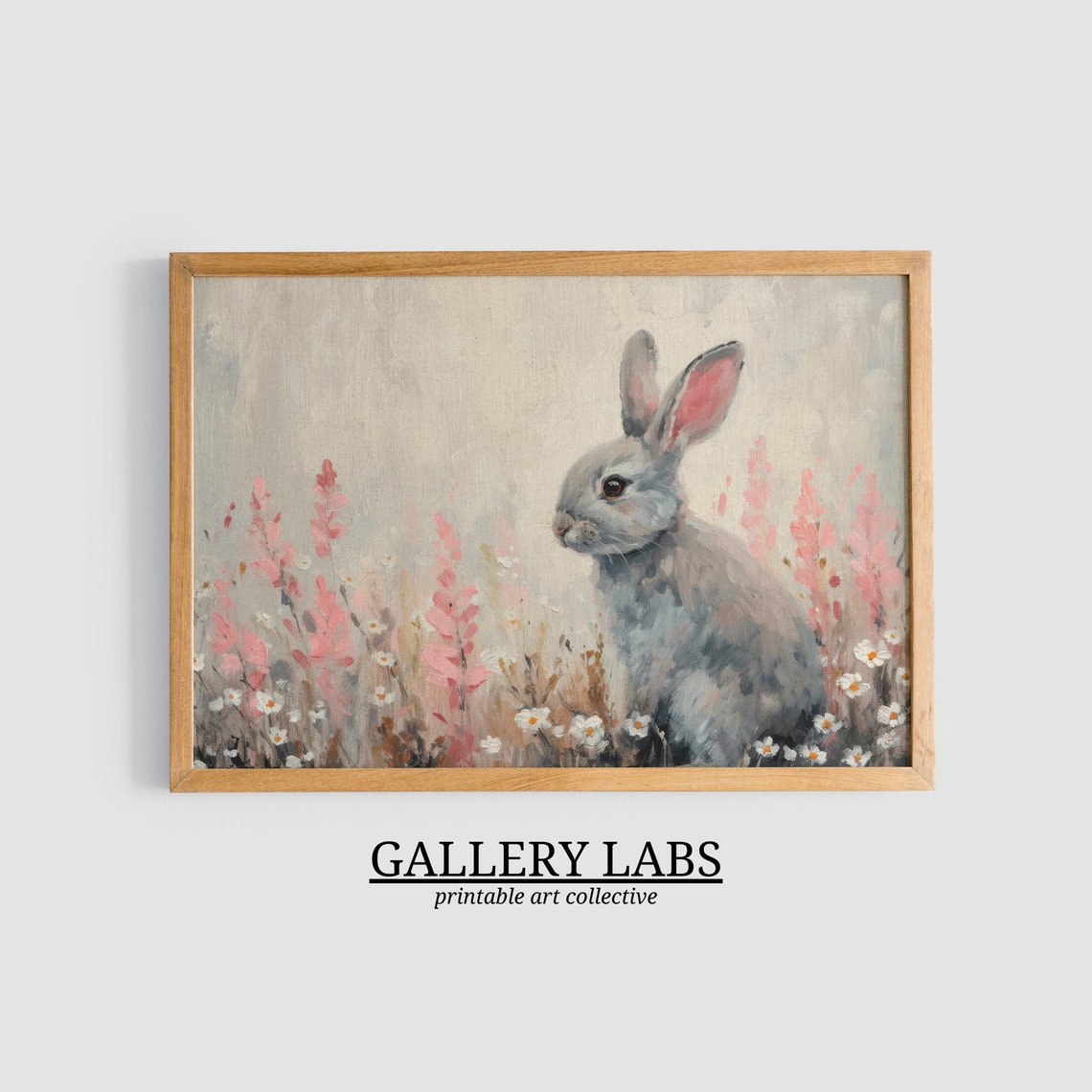 Gray Bunny in Pink Wildflowers Painting Cute Rabbit Meadow Art Print - Image 3