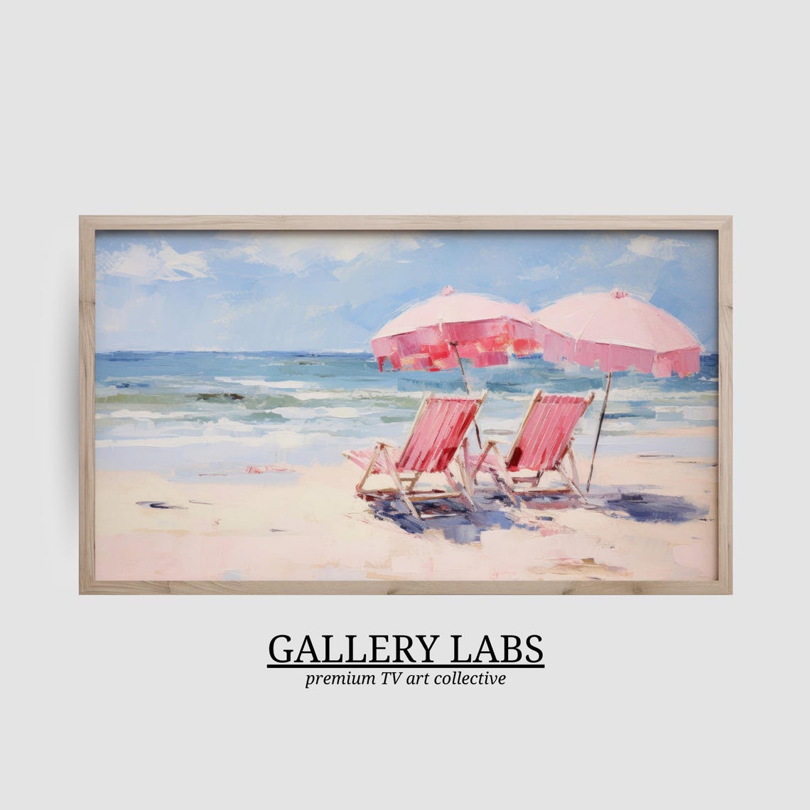 Pink Beach Chairs Umbrellas Gentle Surf Sunny Summer Day Poster - Image 2