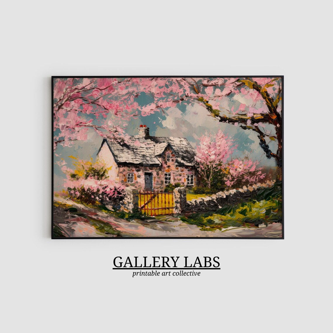 Pink Blossom Cottage Painting Stone House Spring Garden Art Print - Image 2