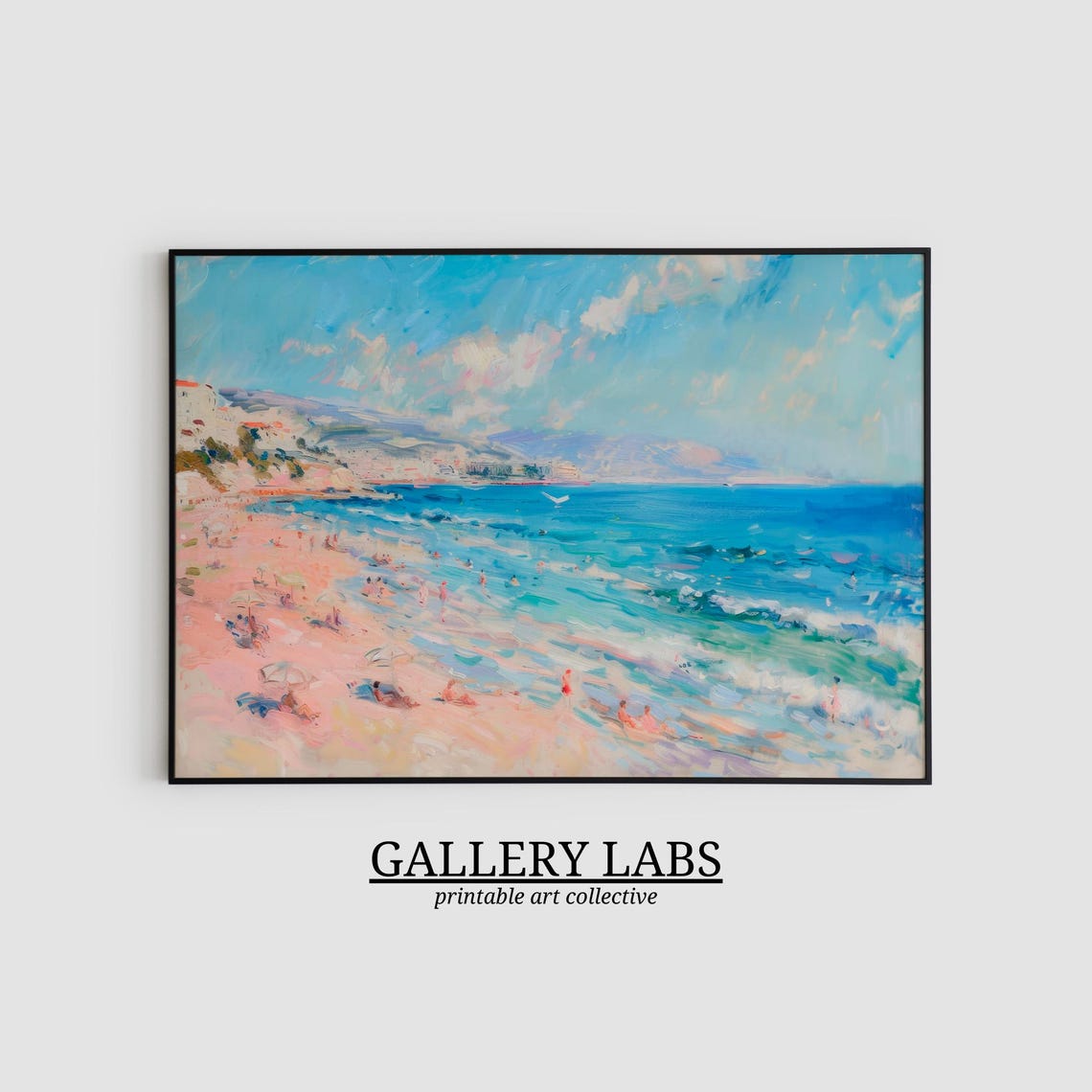 Sunny Pink Sand Beach Town Bathers Impressionist Summer Poster - Image 2