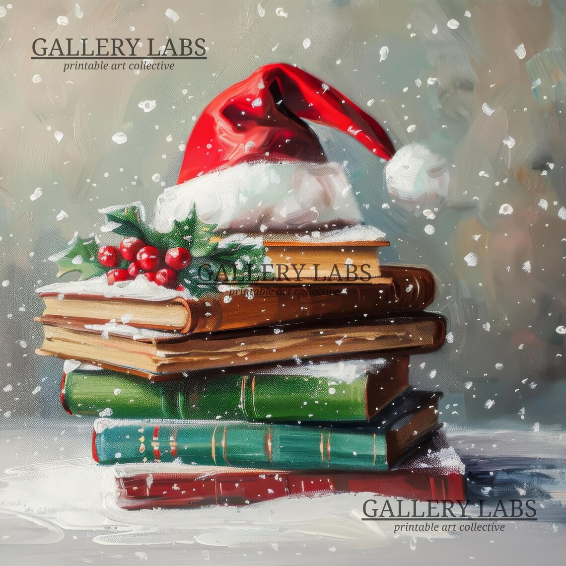 Stack Of Vintage Books Santa Hat Holly Berries Snowfall Art Poster - Image 4