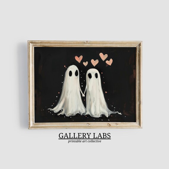 Two Ghosts Pink Hearts Starry Night Sweet Spooky Painting Wall Poster