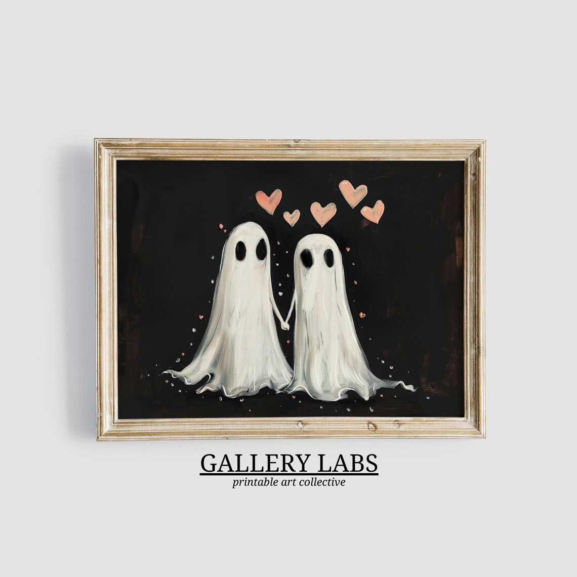Two Ghosts Pink Hearts Starry Night Sweet Spooky Painting Wall Poster