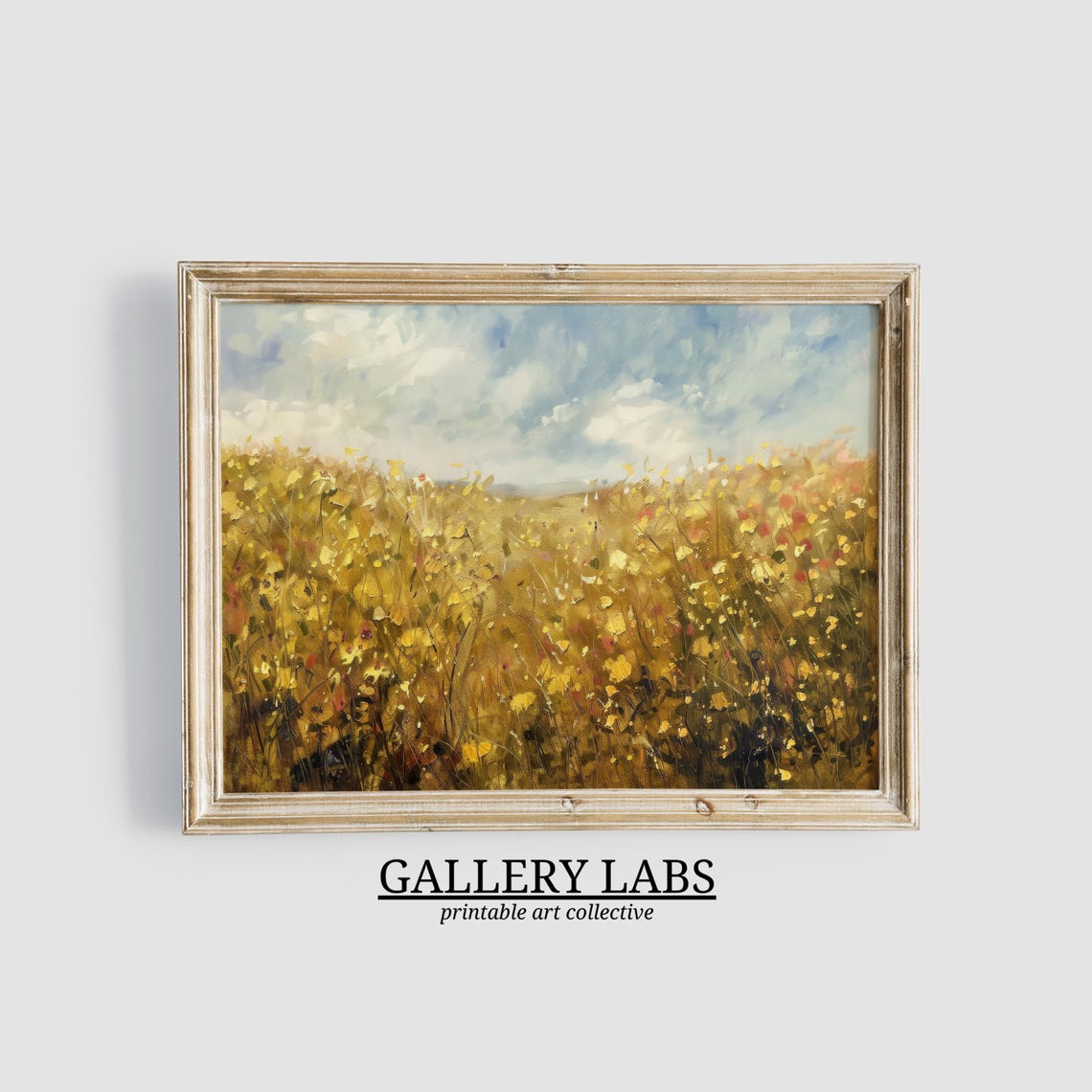Golden Wildflower Field Under Cloudy Sky Impressionist Wall Art Print