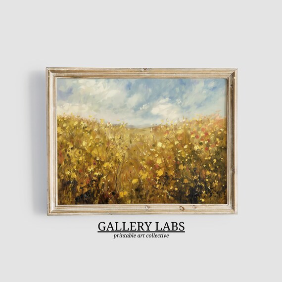 Golden Wildflower Field Under Cloudy Sky Impressionist Wall Art Print