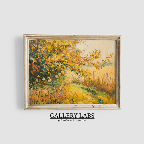 Autumn Wildflowers Golden Tree Warm Orange Rustic Fence Fall Art Print