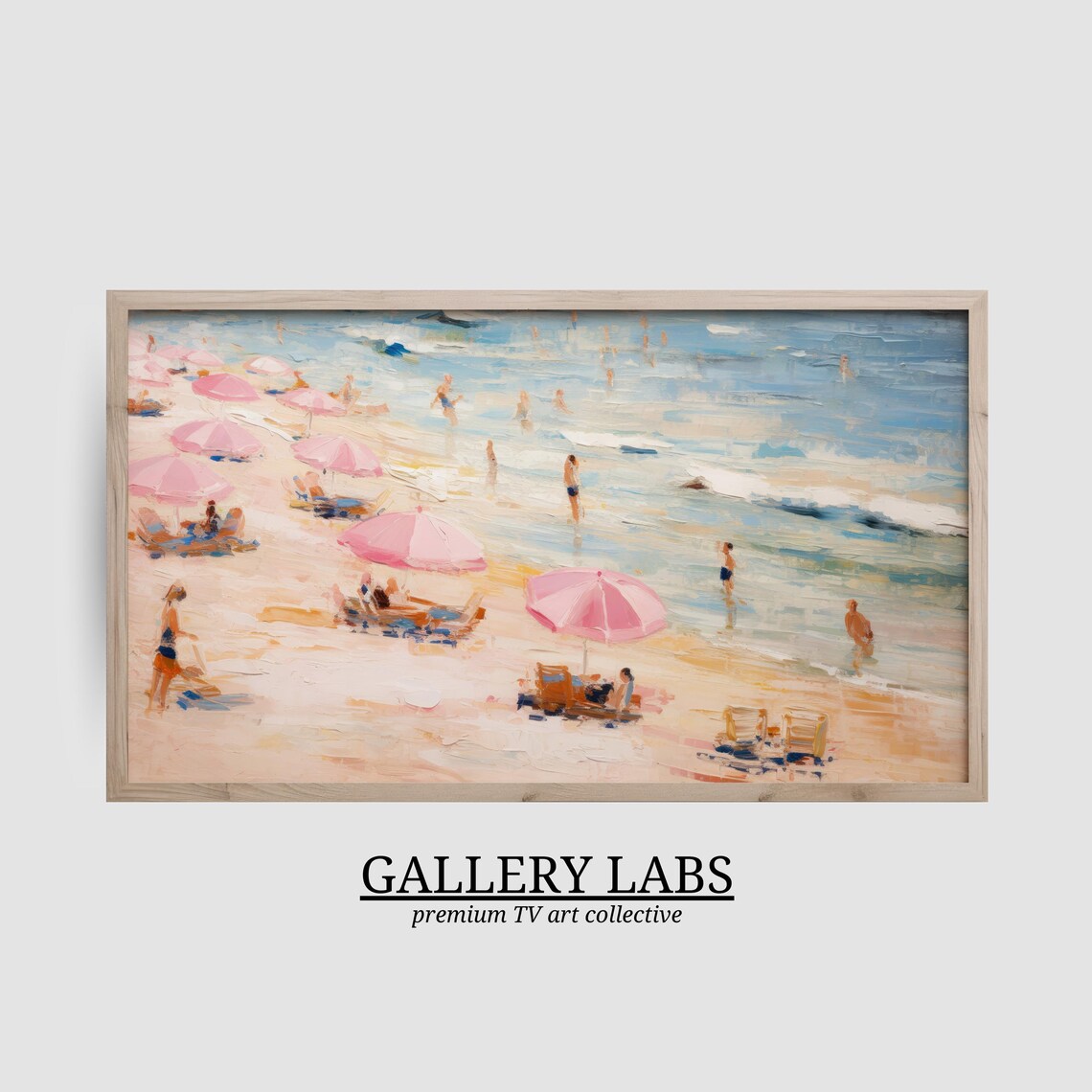 Pink Beach Umbrellas Ocean Painting Summer Coastal Surf Wall Art Poster - Image 2