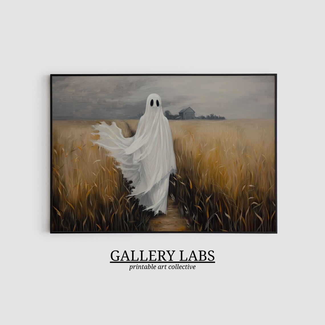Ghost in Golden Wheat Field Moody Vintage Halloween Oil Painting Poster - Image 2