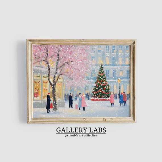 Girly Christmas Village Print Winter Decor Christmas Tree Wall Art Cute Holiday Painting Festive Home Decor Pink Christmas Decor